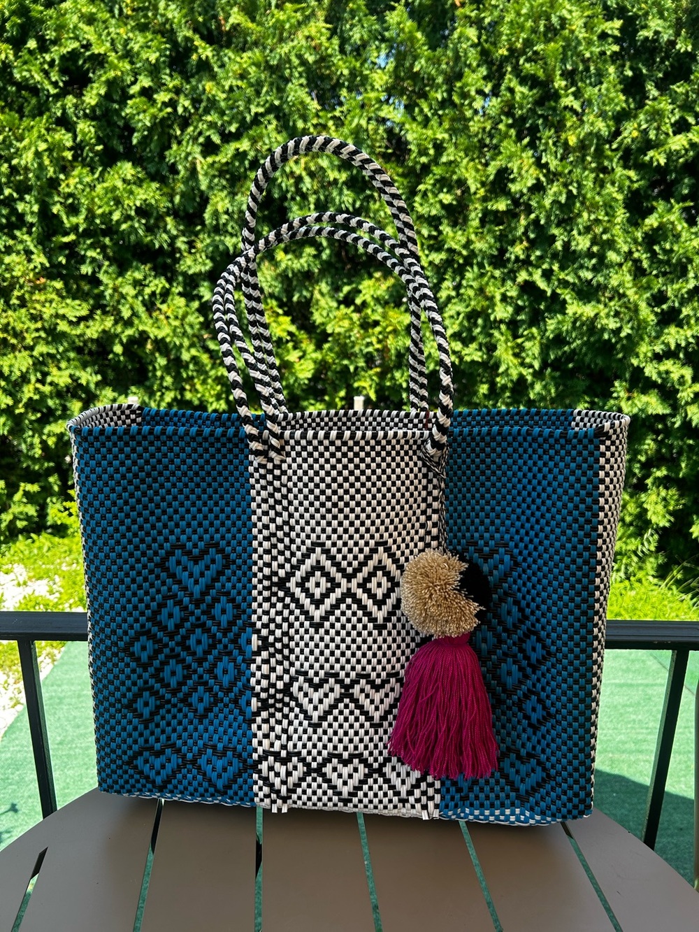 Oaxacan waterproof Beach tote basket blue/white/black